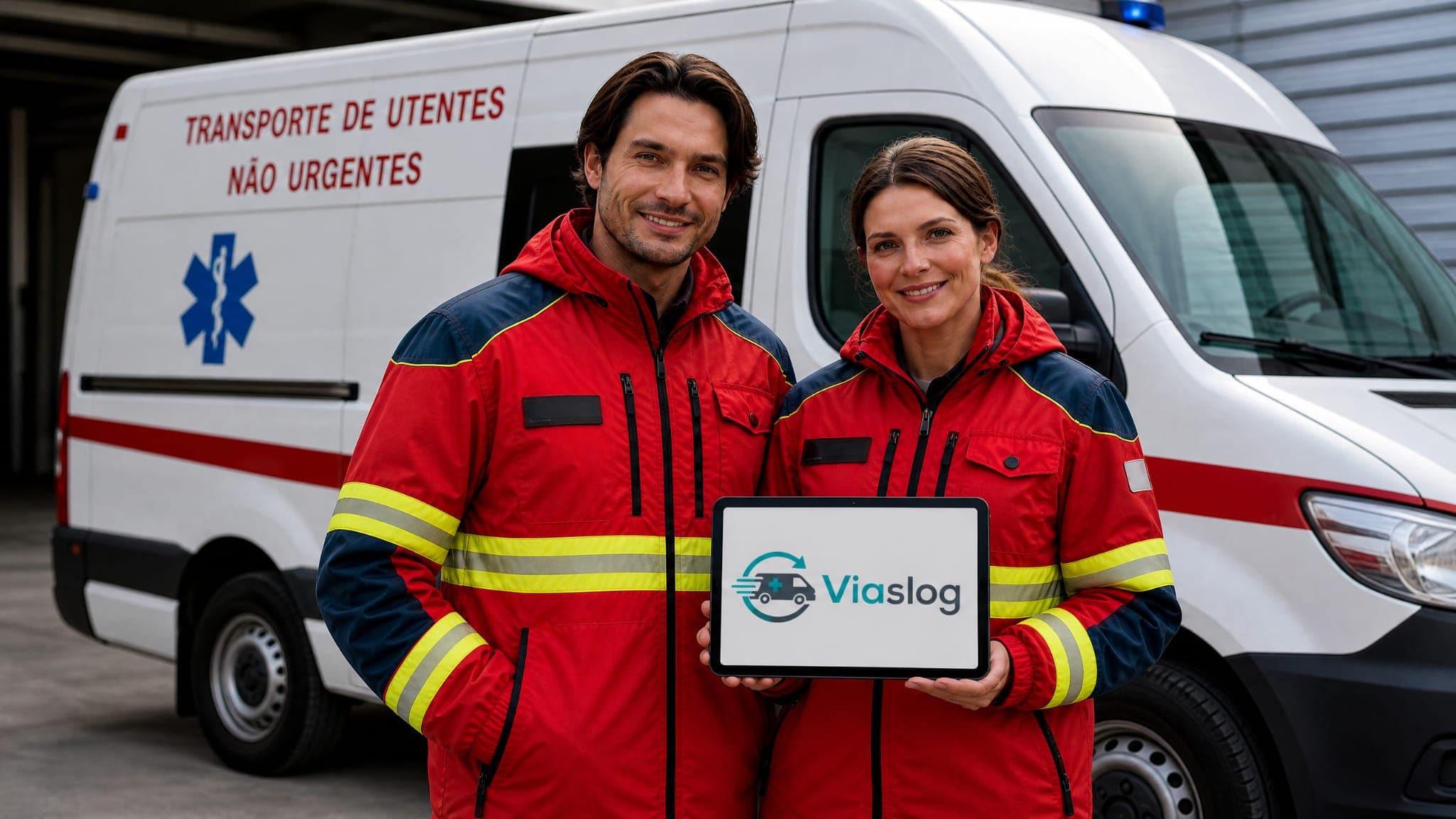 Tripulantes VIASLOG em frente à ambulância